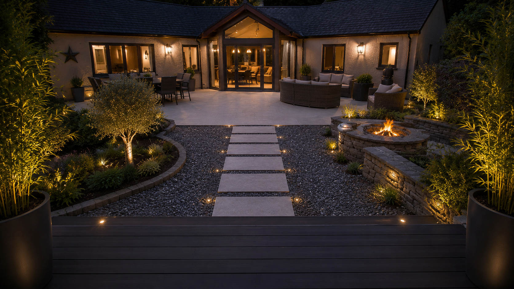 Garden visual design concept with patio lighting and landscaping